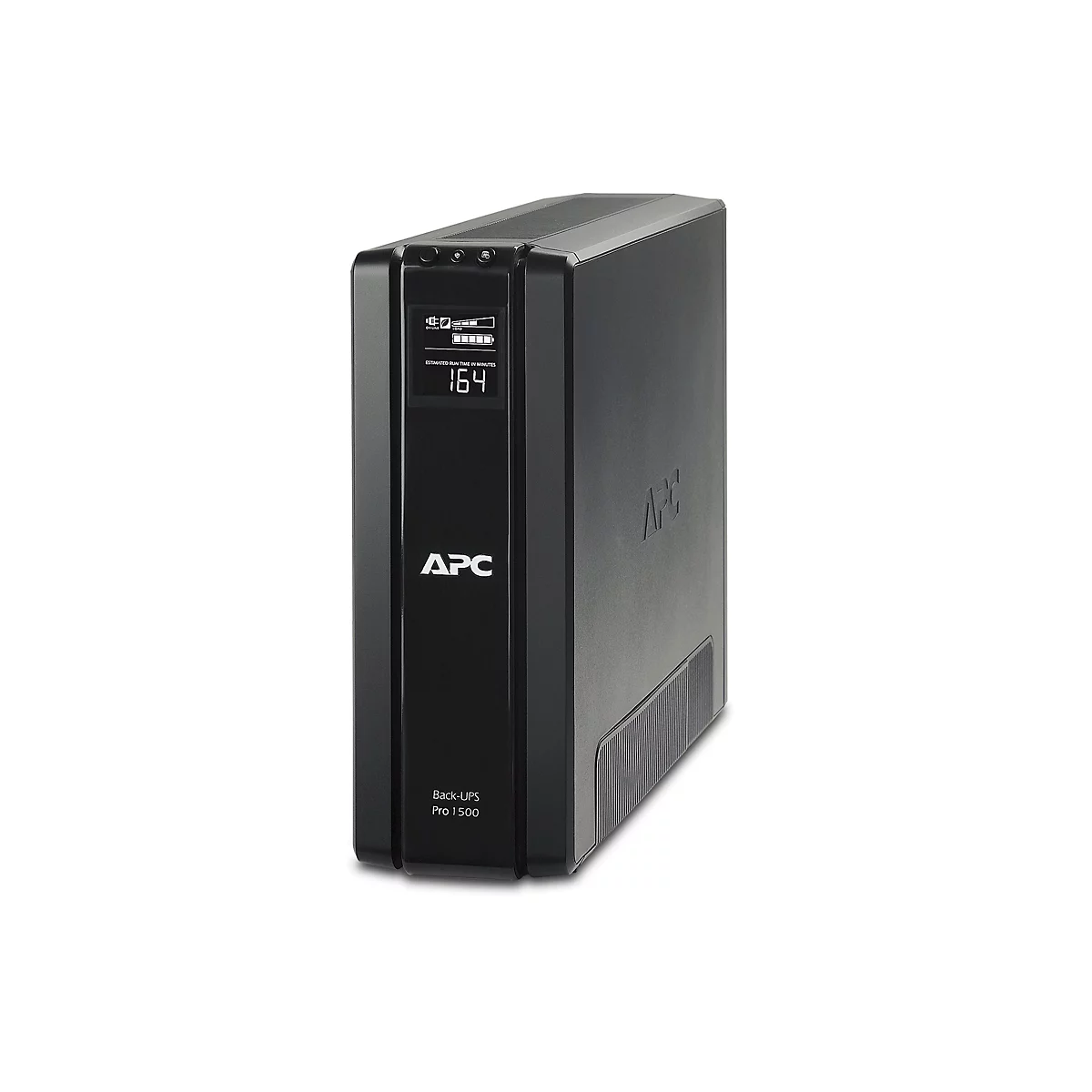 Ein schwarzes APC Back-UPS Pro 1500 Gerät vor weißem Hintergrund. Auf dem Display sind die geschätzte Laufzeit von 164 Minuten und der Ladezustand zu sehen.