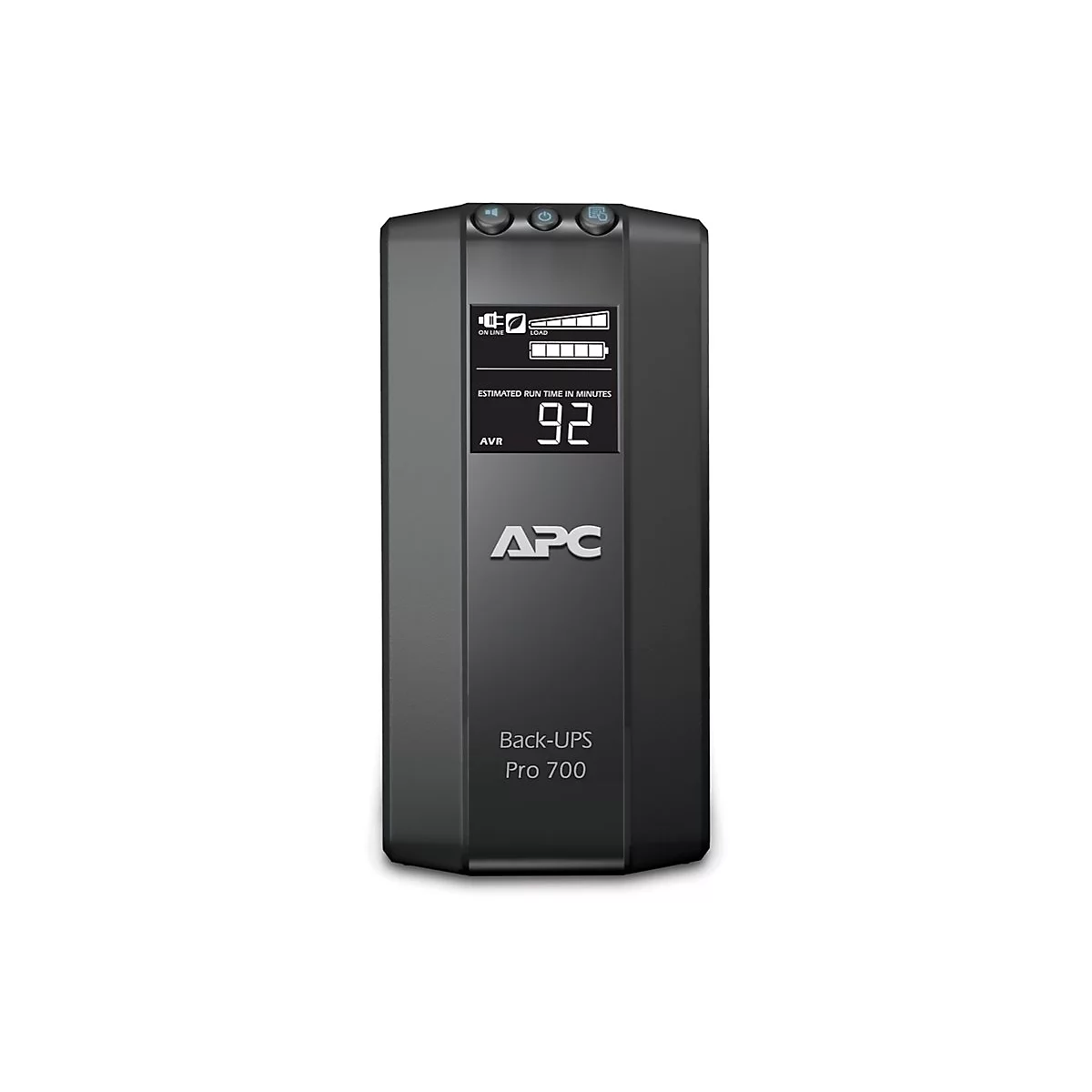 Ein schwarzes APC Back-UPS Pro 700 mit Display, das Restlaufzeit in Minuten anzeigt.