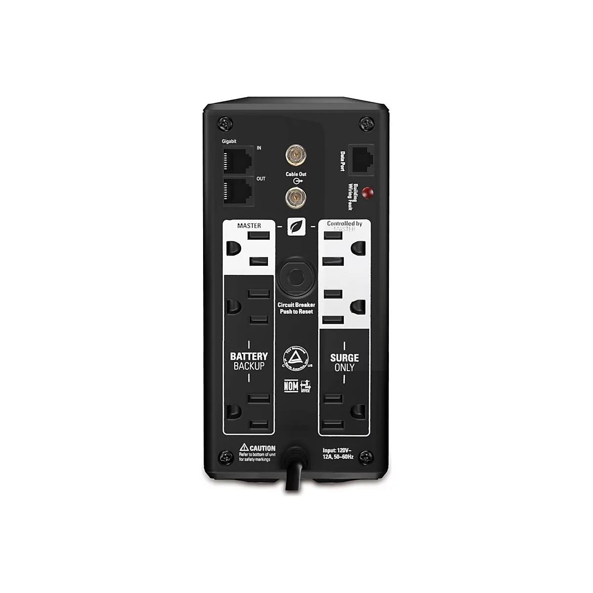 Appareil onduleur noir vu de dos. Il montre des ports, des prises et des étiquettes comme 'Battery Backup' et 'Surge Only'.