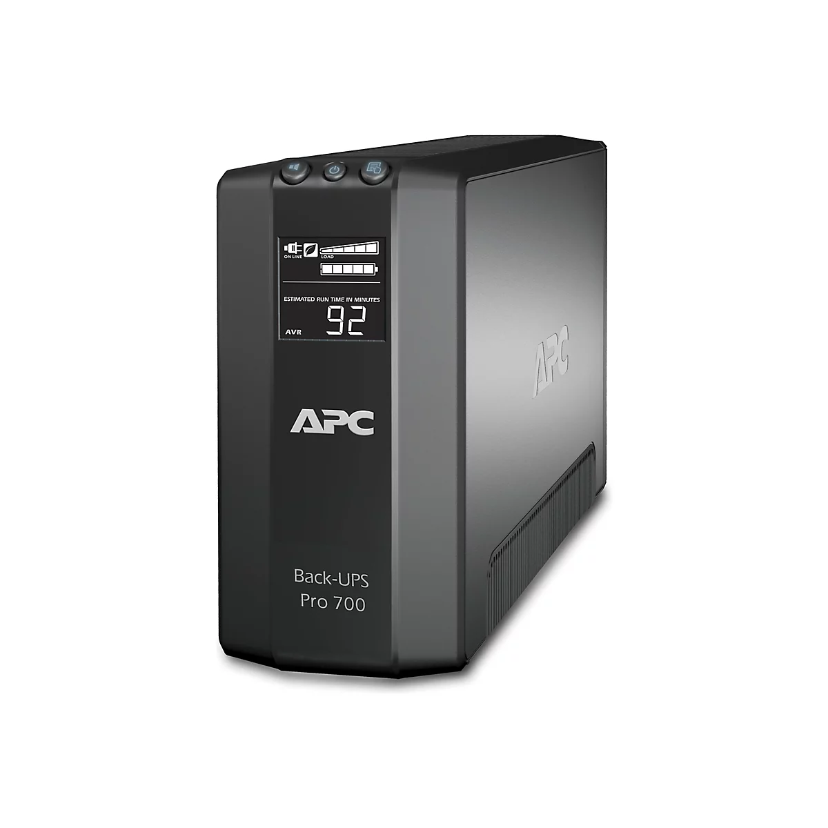 Schwarze USV mit Display, das die geschätzte Laufzeit (92 Minuten) und den Ladezustand anzeigt. "APC Back-UPS Pro 700" steht unten.
