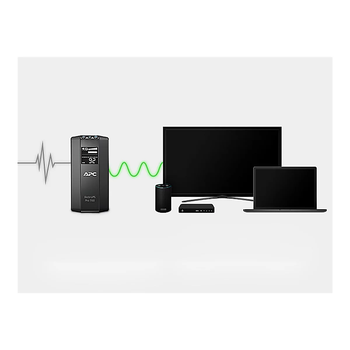 Onduleur APC Back-UPS Pro 700 connecté à des appareils tels qu'une télévision, un ordinateur portable et un haut-parleur.
