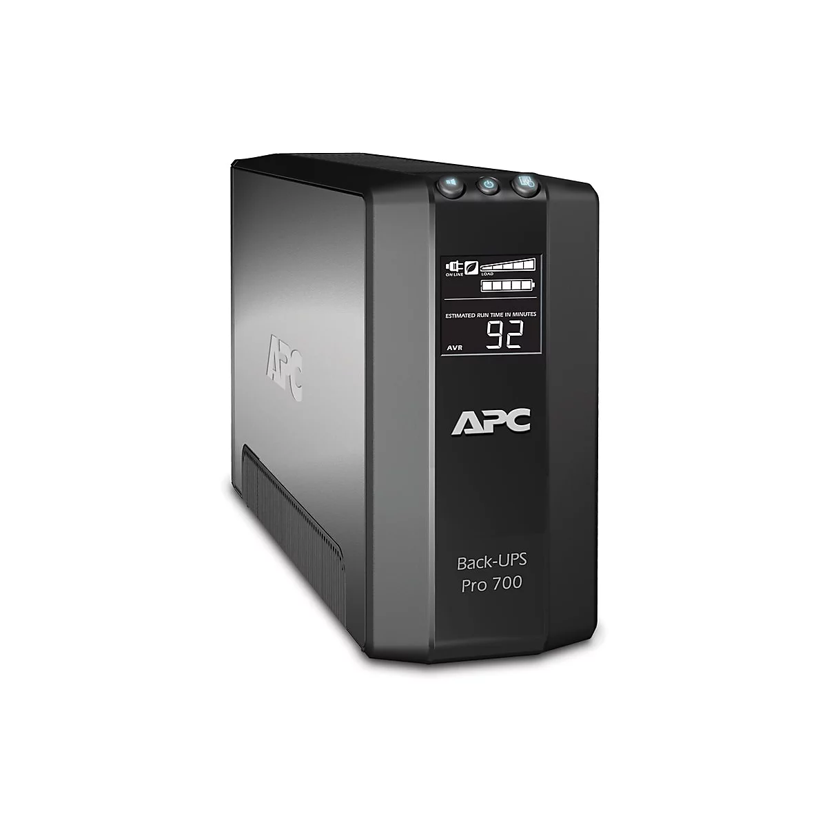 Schwarze USV APC Back-UPS Pro 700 mit Anzeige für Laufzeit (92 Minuten).
