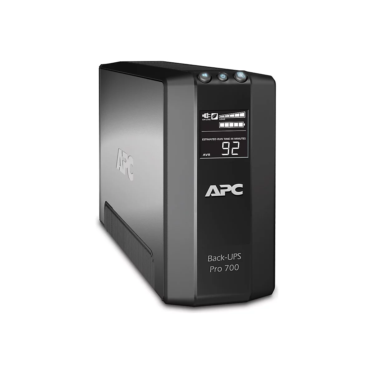 Onduleur noir avec un écran numérique affichant 92 minutes d'autonomie restante. Le logo APC et le nom du modèle Back-UPS Pro 700 sont visibles.