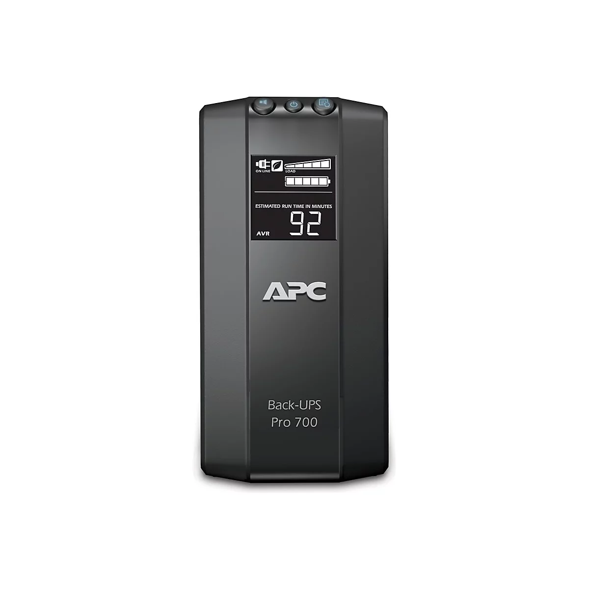 Onduleur noir APC. L'écran affiche l'autonomie restante : 92 minutes. Texte : Back-UPS Pro 700.