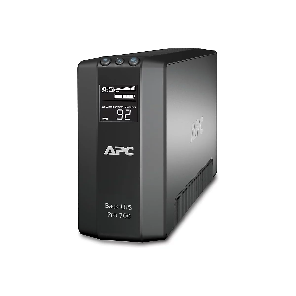 Onduleur noir avec écran. Affichage du temps de fonctionnement restant de 92 minutes. Marque APC, modèle Back-UPS Pro 700.