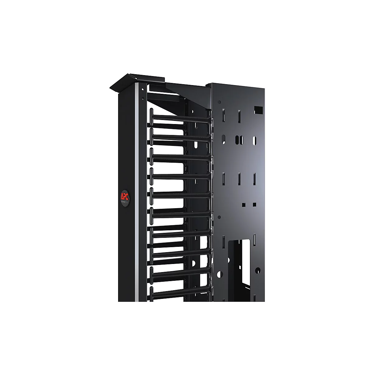 Schwarzer Server-Rack, Details: Längliche Streben, APC-Logo. Der Rack-Rahmen wird vor weißem Hintergrund gezeigt.