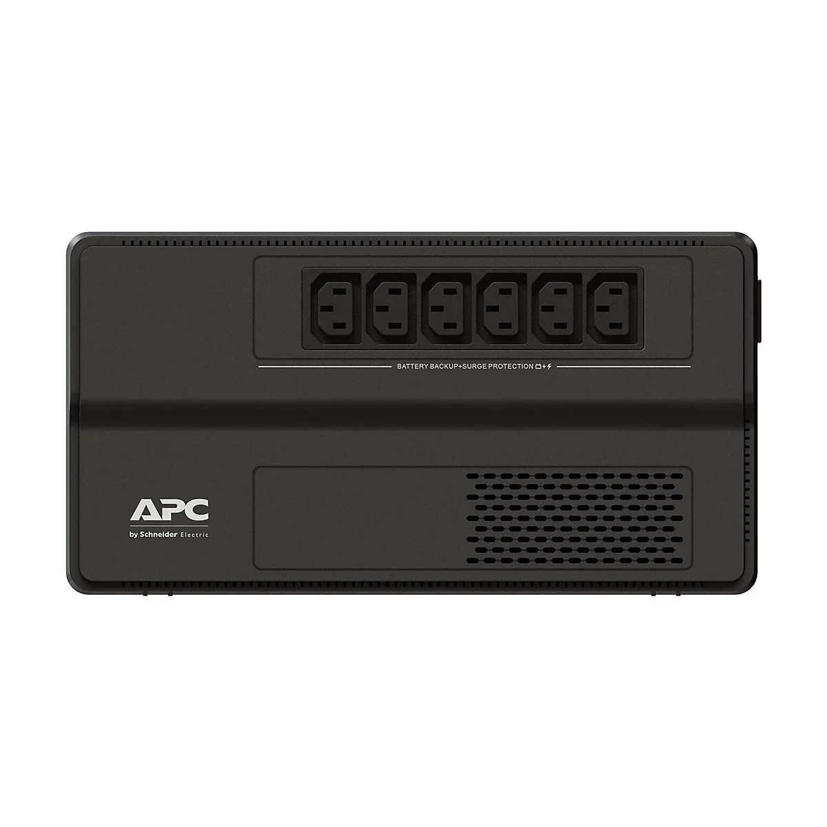 Schwarze USV von APC mit sechs Steckdosen, Produktlogo und Text: Battery Backup + Surge Protection.