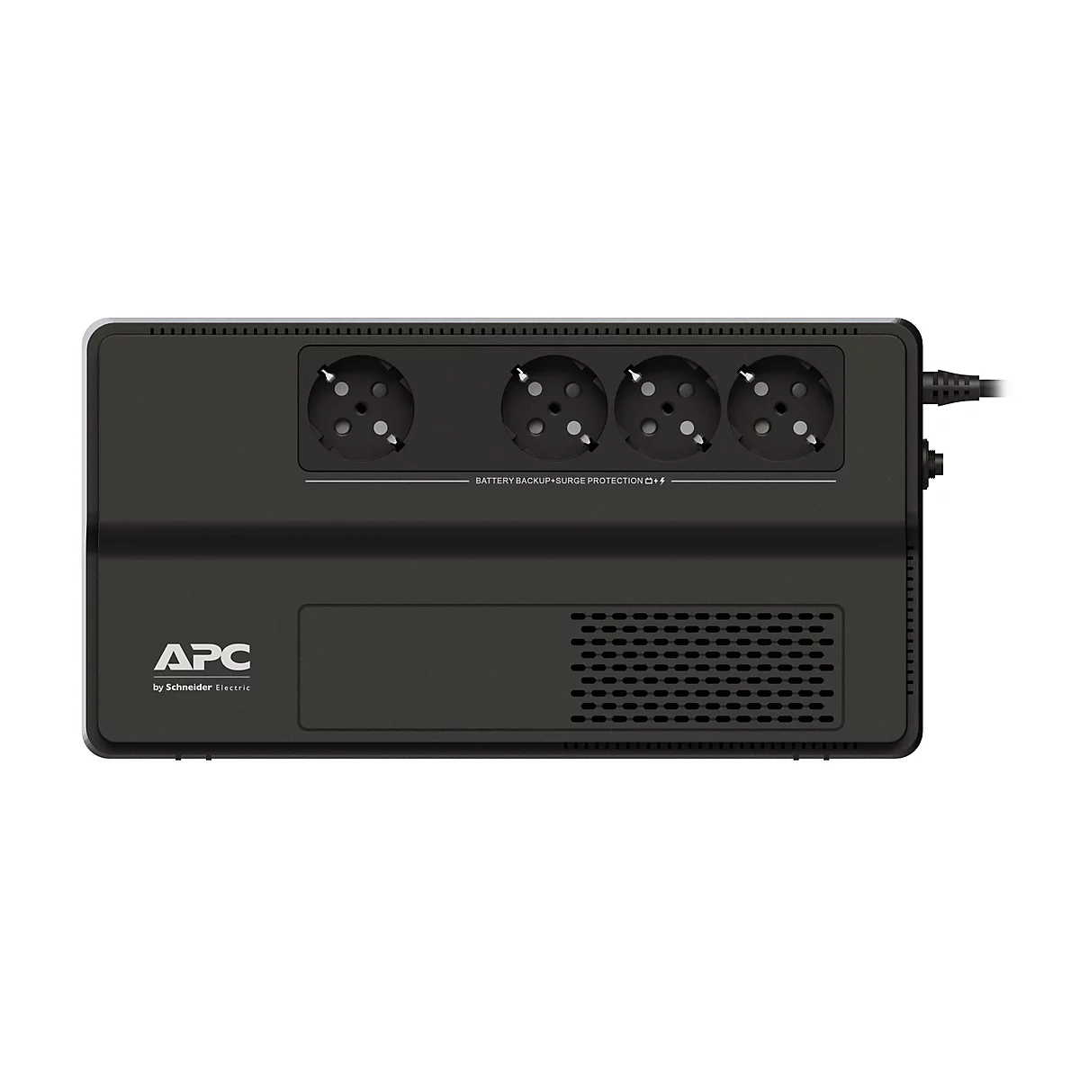 Schwarze USV mit vier Steckdosen, Text: "BATTERY BACKUP + SURGE PROTECTION". Logo von APC by Schneider Electric.