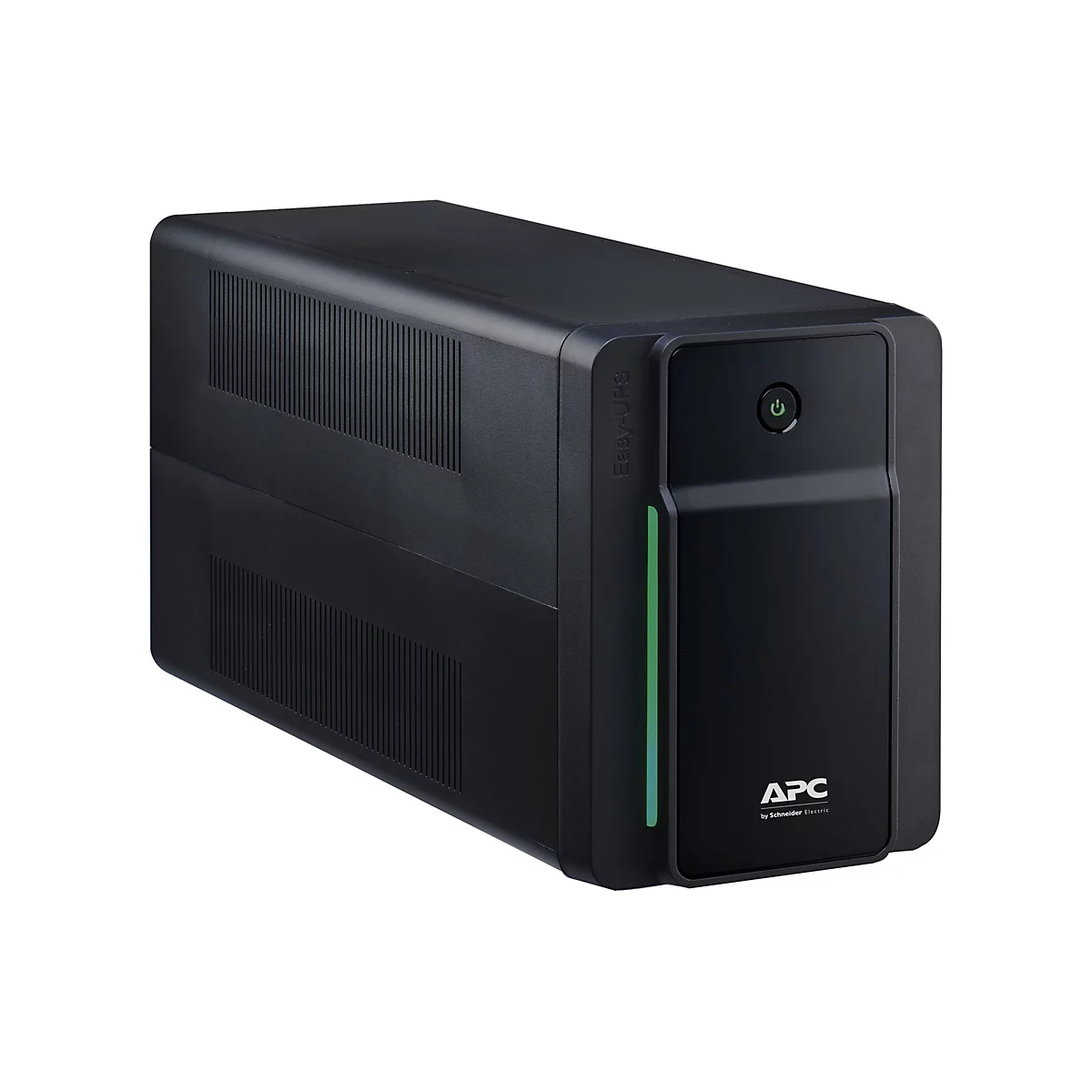 Onduleur noir APC Easy-UPS avec un bouton d'alimentation vert. Texte : APC by Schneider Electric.