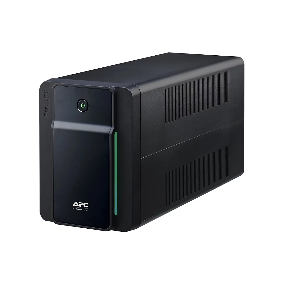 Ein schwarzes APC Easy-UPS-Gerät; rechteckige Form. Es hat einen grünen Ein-/Ausschalter und eine grüne Leuchte.