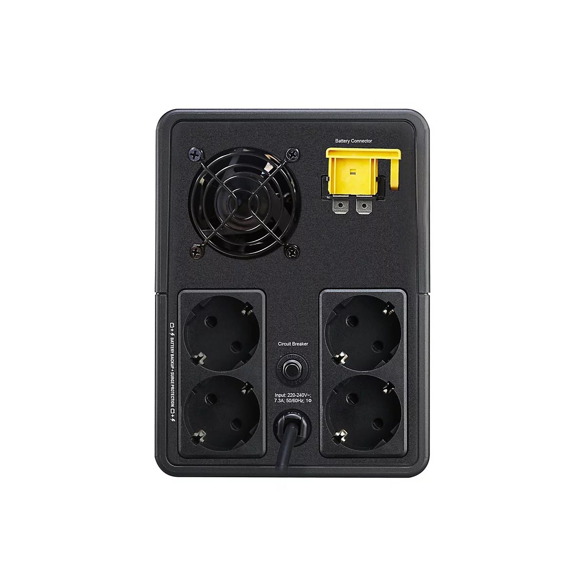Schwarze USV-Rückseite mit Steckdosen, Lüfter, Circuit Breaker und Batterieverbindung.