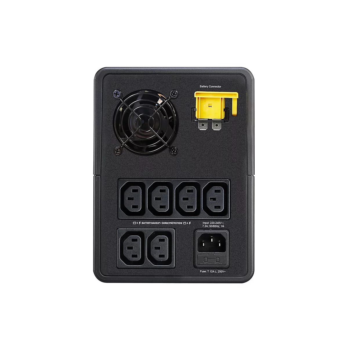 Schwarze USV-Rückseite mit Lüfter, Steckdosen und gelbem Batterieanschluss. Aufgedruckt: Batterie-Backup, Überspannungsschutz.
