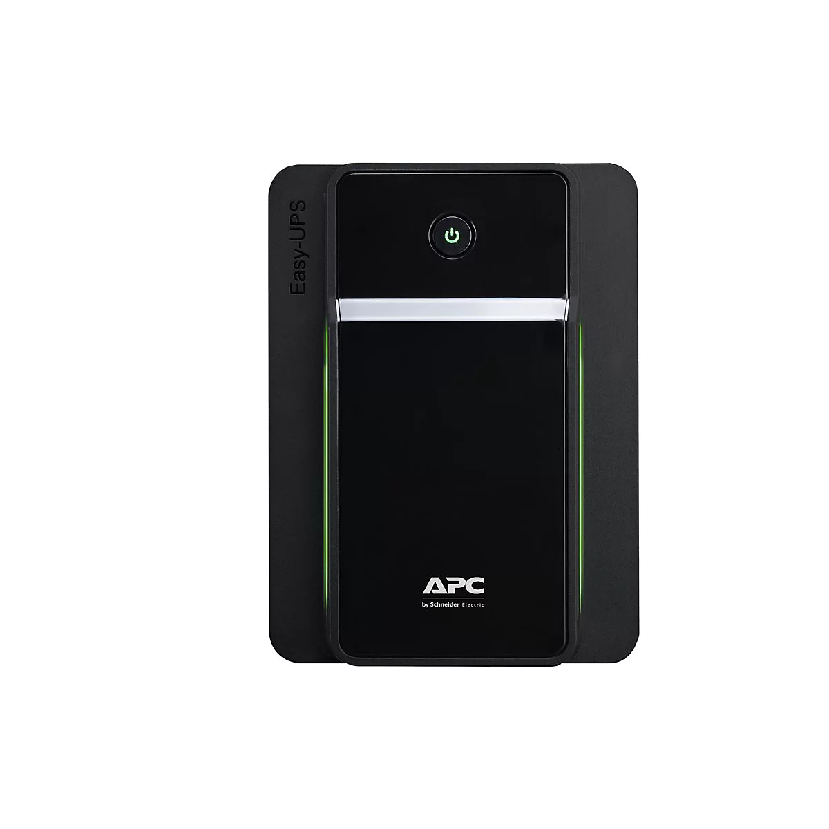 Schwarze USV, mit grüner Power-Taste, dem Schriftzug "APC" und "Easy-UPS".