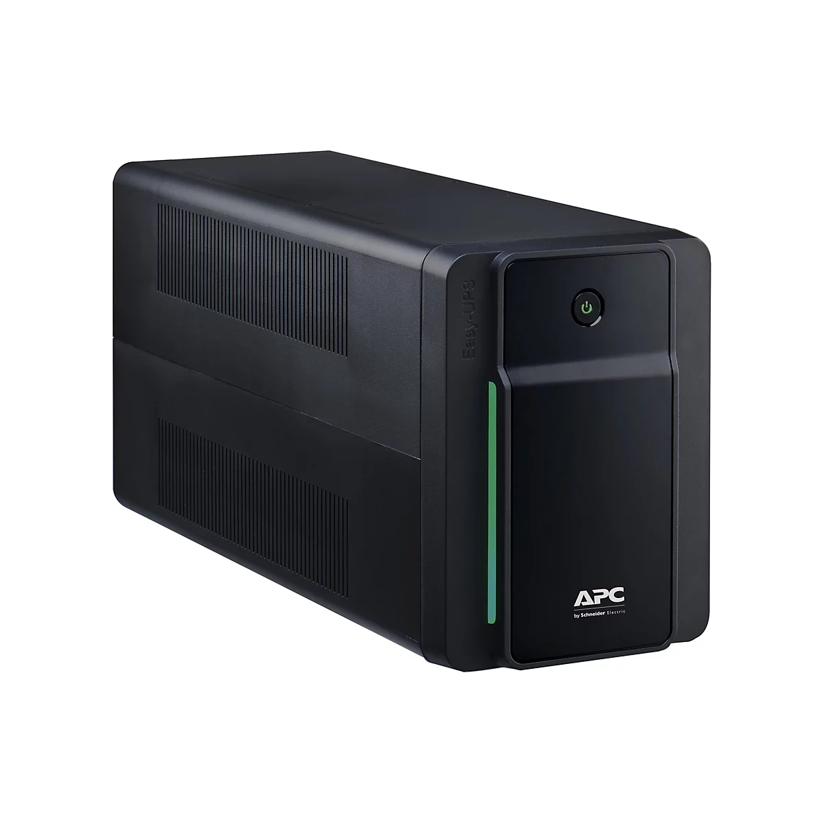 Ein schwarzes USV-Gerät, APC Easy-UPS, auf weißem Hintergrund. Es hat einen Power-Button mit grünem Licht.