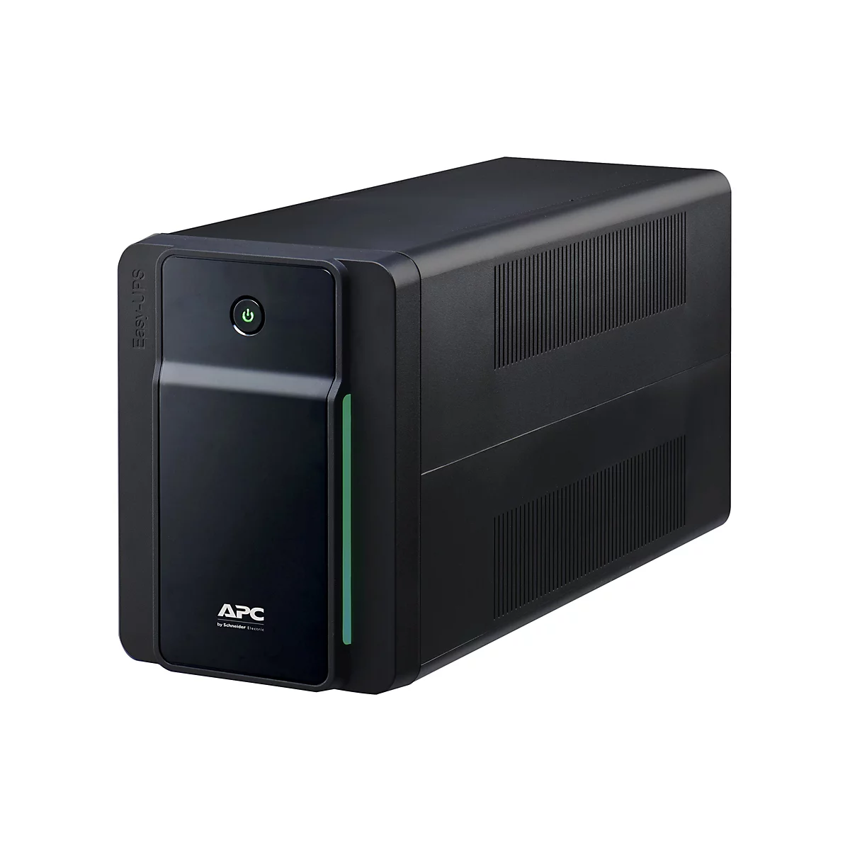 Ein schwarzes USV-Gerät mit grünem Ein-/Ausschalter und APC-Logo. Aufschrift "Easy-UPS".