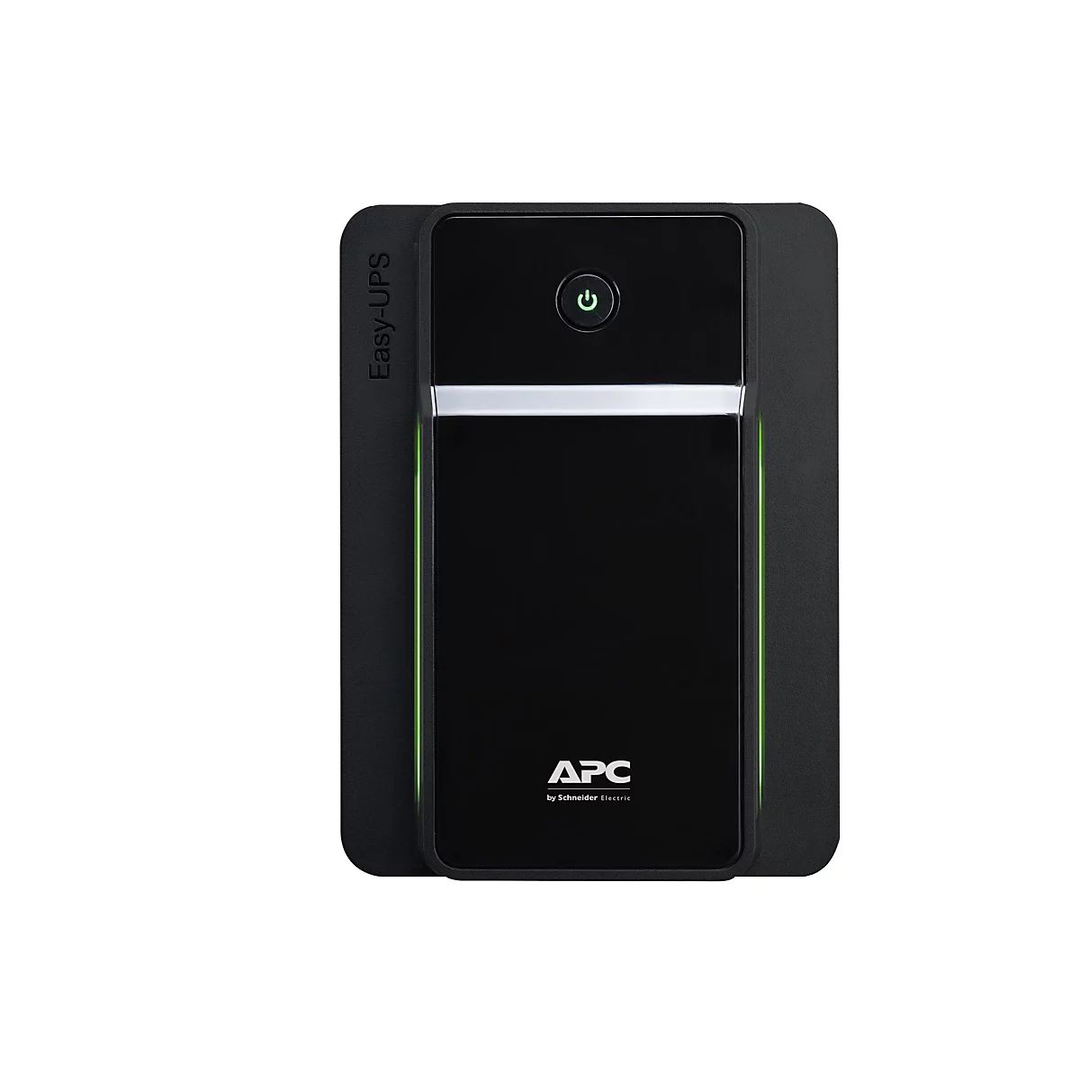 Schwarze USV-Anlage, APC Easy-UPS, mit grünem Power-Button und seitlicher grüner Beleuchtung. Logo APC by Schneider Electric.
