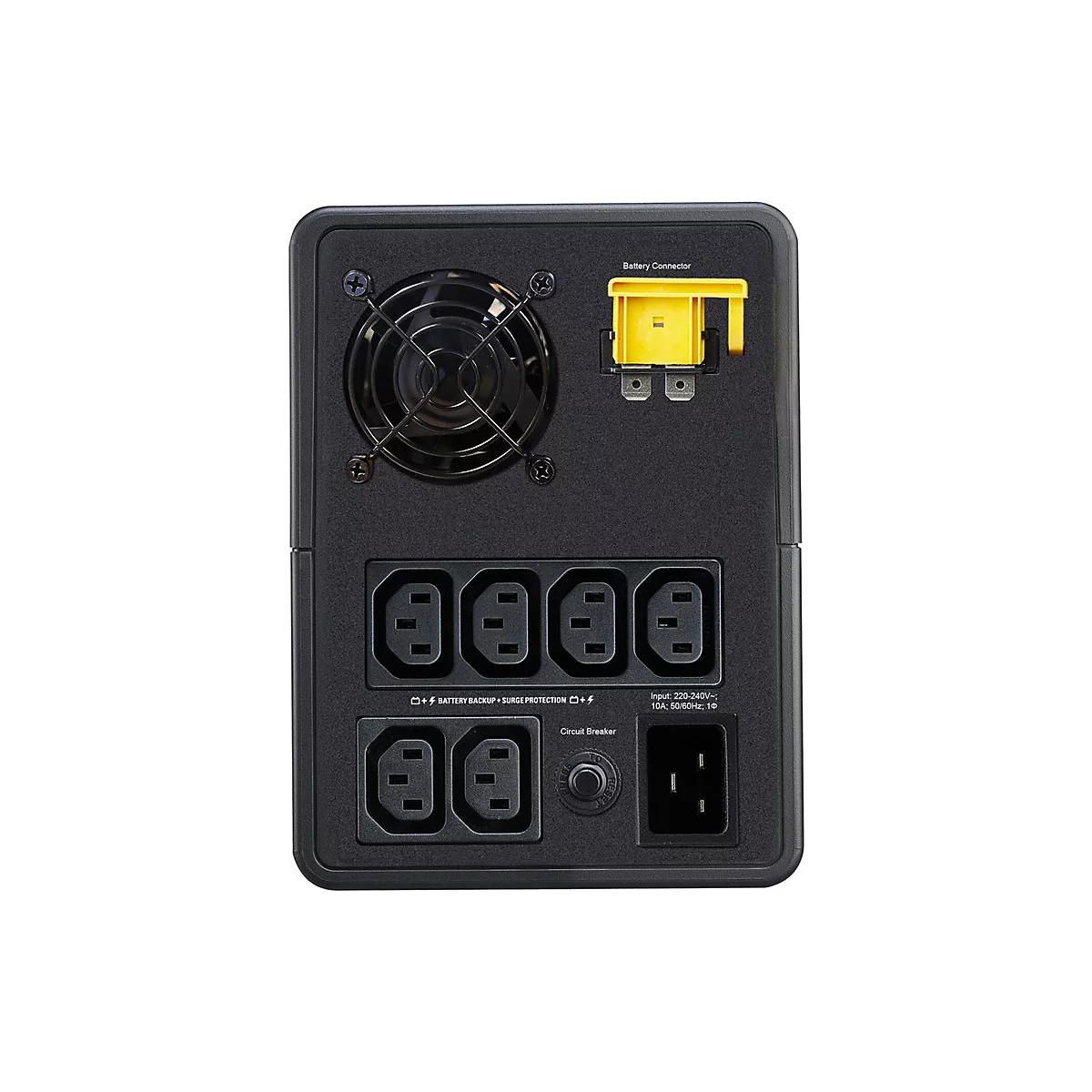 Rückseite einer schwarzen USV mit Anschlüssen, Lüfter und gelbem Batterieanschluss.