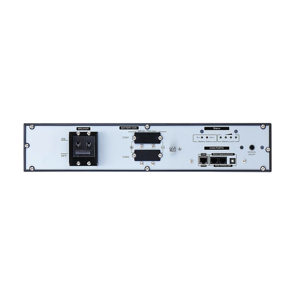 Ein schwarzes Gerätepanel mit Anschlüssen, Schaltern und Anzeigen, beschriftet mit "BREAKER", "BATTERY CON" und "COM PORTS".