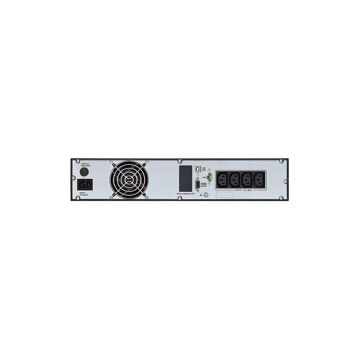 Rückseite eines schwarzen Stromverteilers mit Anschlüssen für USB, Stromkabel und Lüfter.
