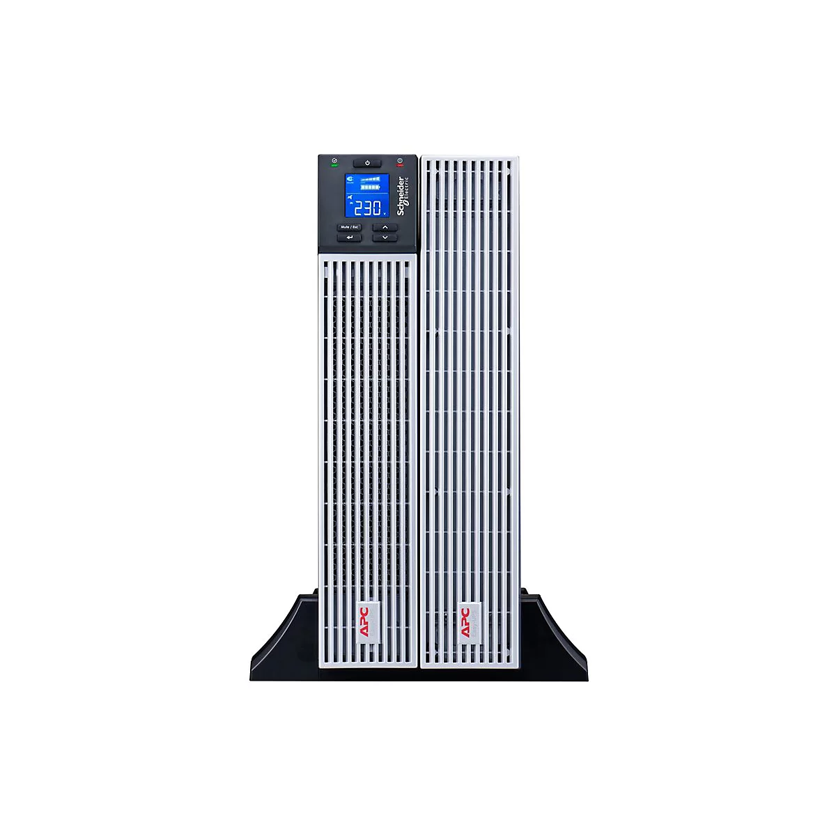 Ein hoher, weiÃŸ-grauer USV-Turm steht auf schwarzem Sockel. Ein Display zeigt die Zahl 230. Unten sind zwei APC-Logos zu sehen.
