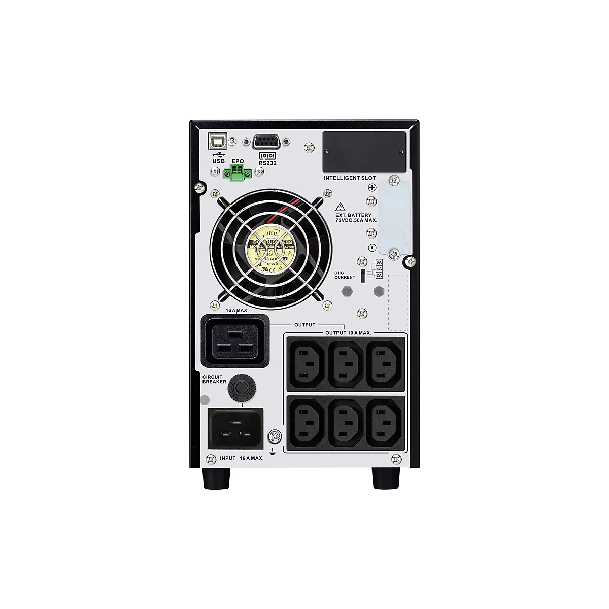 Vue arrière d'un onduleur noir avec ports, ventilateur et diverses étiquettes. Il y a des ports pour USB, RS232 et un ventilateur en haut.