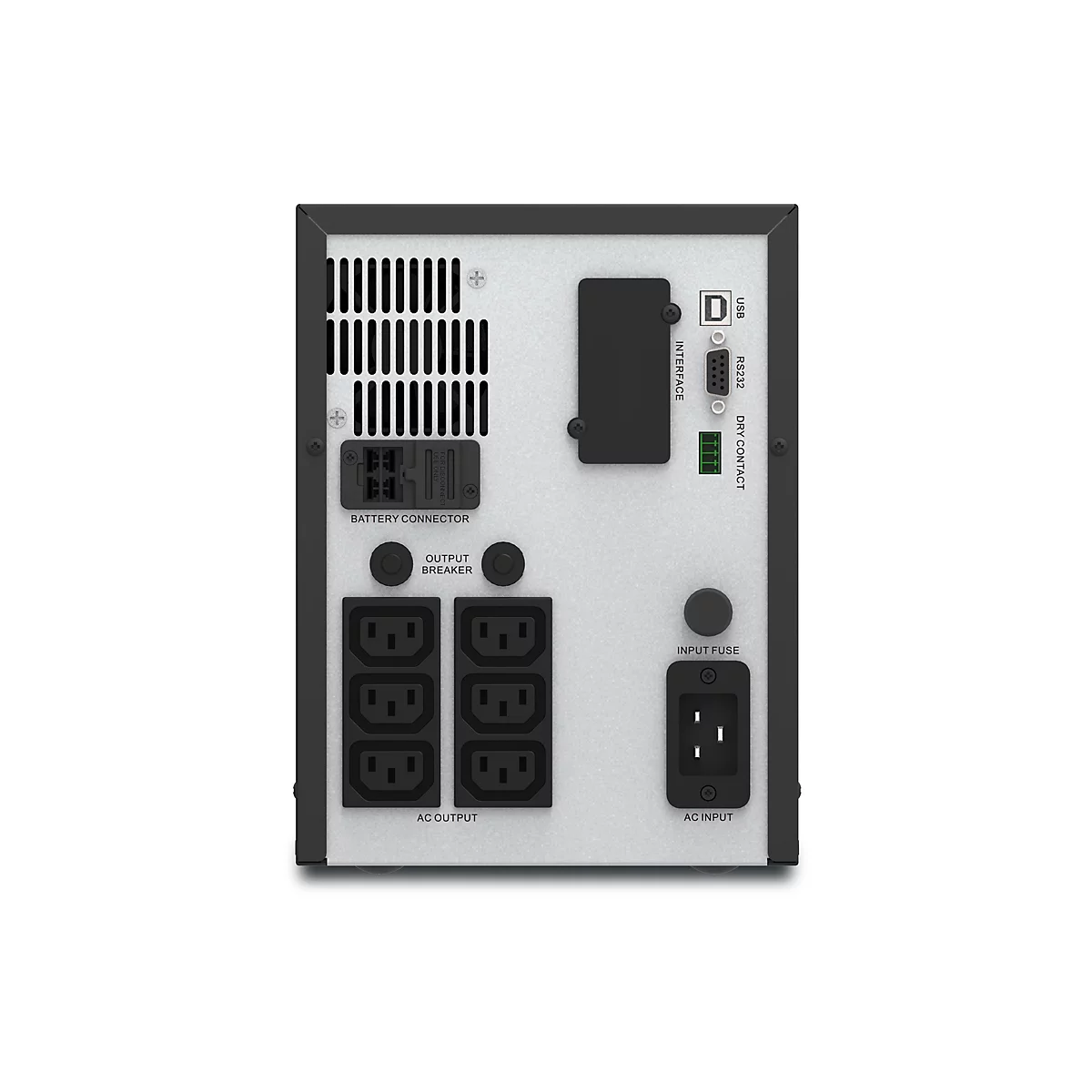 Rückansicht eines USV-Geräts (Unterbrechungsfreie Stromversorgung). Auf der Rückseite sind Anschlüsse und Anzeigen angeordnet: Batterieanschluss, Output Breaker, AC Output, Interface, USB, RS232, Dry Contact, Input Fuse und AC Input.