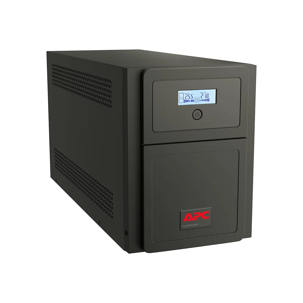 Ein schwarzes USV-Gerät mit Digitalanzeige, APC-Logo. Das Gerät ist rechteckig mit einem Display und einer Power-Taste.