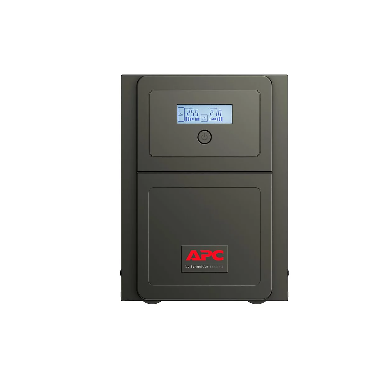 Schwarze USV-Anlage mit Display, APC-Logo. Auf dem Display: 25.5, 21.8 und ein Ein-/Ausschalter.