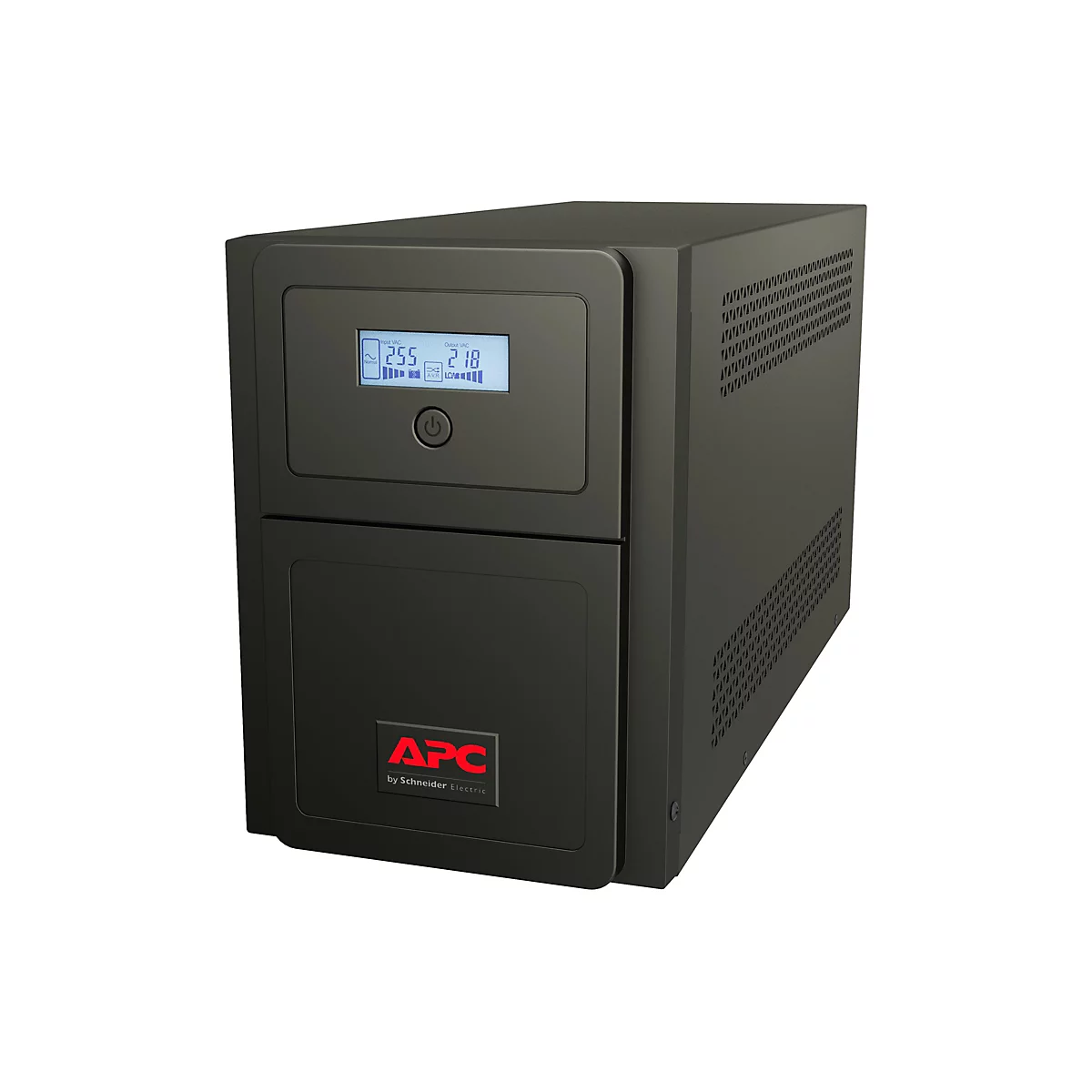Ein schwarzes APC USV-Gerät. Auf dem Display sind Eingangs- und Ausgangsspannungen sowie der Akkustand zu sehen. Darunter das APC-Logo.