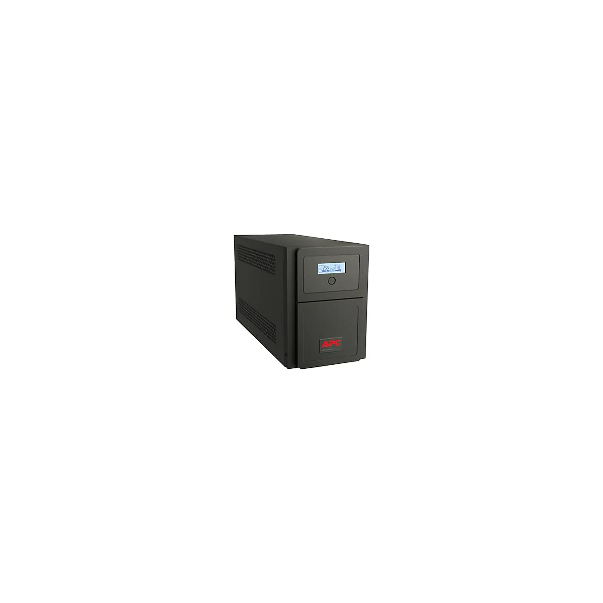 Schwarze USV mit Display. APC-Logo unten. Knöpfe, Lüftungsschlitze sichtbar.