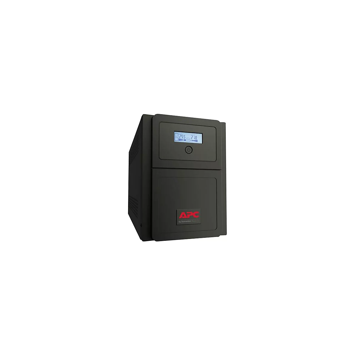 Schwarze unterbrechungsfreie Stromversorgung mit Display und APC-Logo. Stromversorgung, APC-Logo und technische Daten.