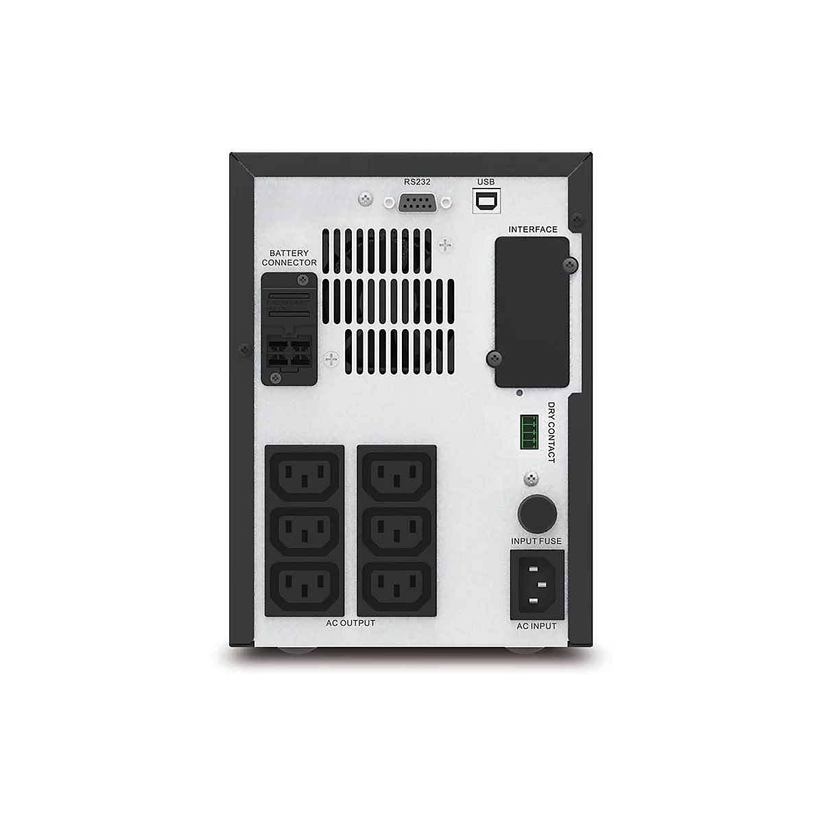 Rückansicht einer unterbrechungsfreien Stromversorgung (USV) mit Anschlüssen: Batterie, USB, RS232, AC-Ausgang und -Eingang.