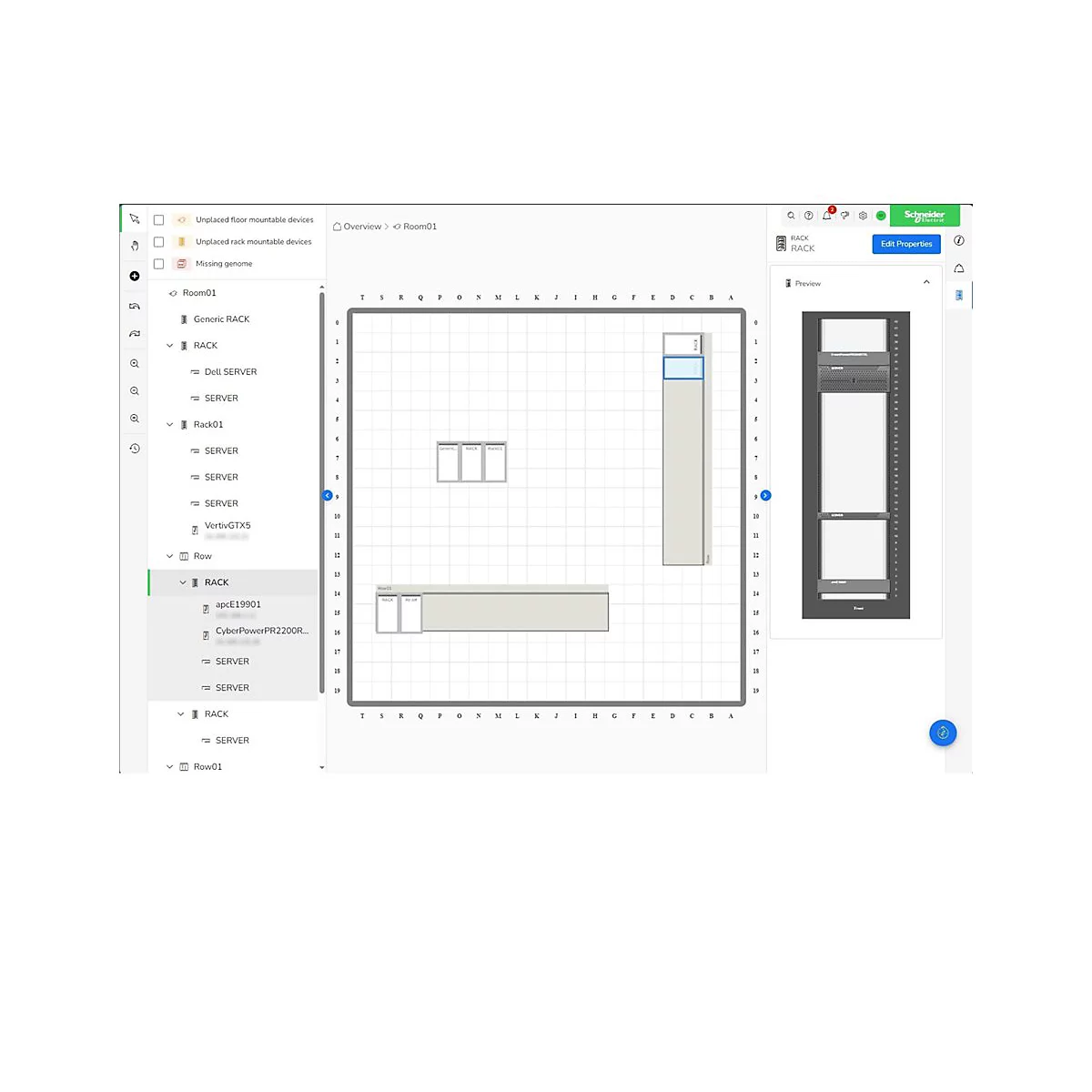 Draufsicht auf ein Raumlayout mit Server-Racks, ein Raster und ein Vorschaufenster.