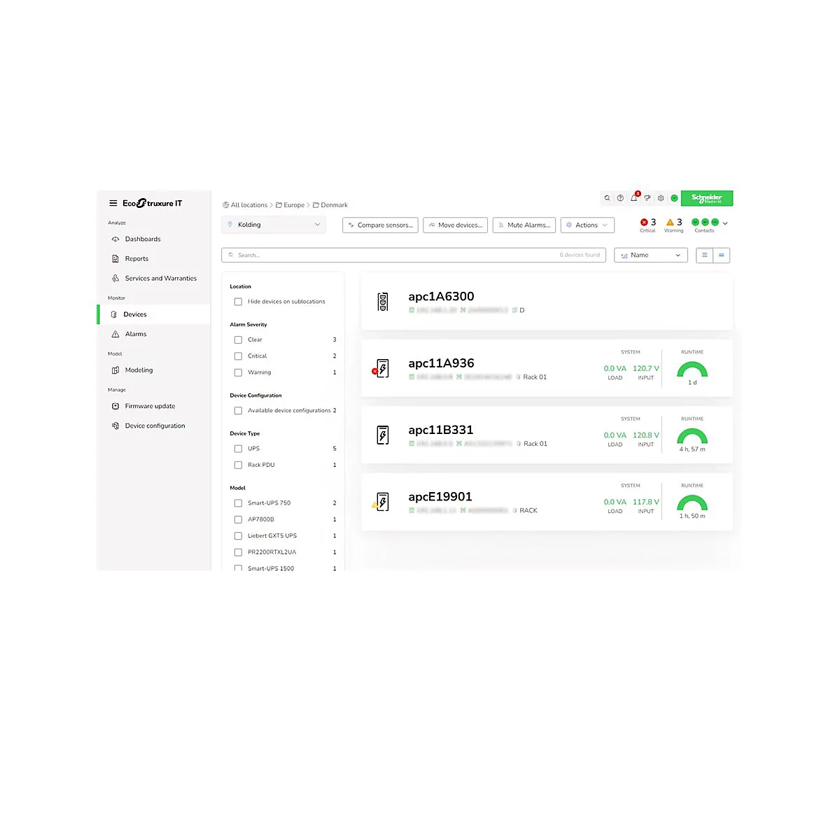 Screenshot der Ecotruxure IT-Oberfläche mit Geräteinformationen. Ein grüner Balken zeigt den Status der Geräte.