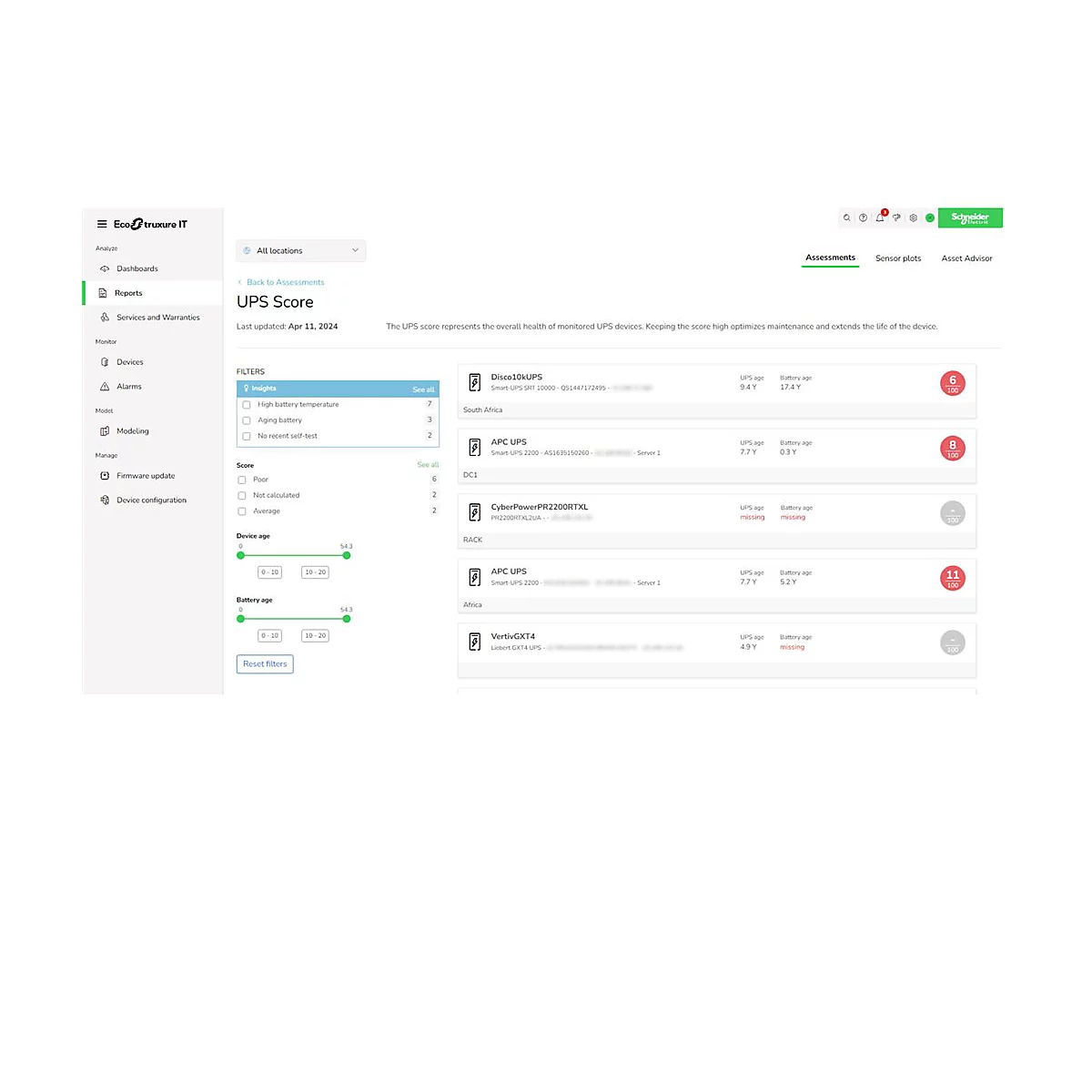 Screenshot der Ecotruxure IT-Oberfläche mit Analyse- und Geräteinformationen, einschließlich einer UPS-Bewertung, Diagrammen und Geräteinformationen.