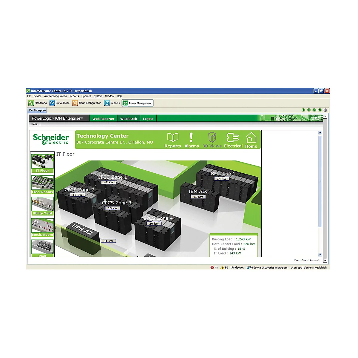 Digitale Benutzeroberfläche von Schneider Electric zur Überwachung der Energie- und IT-Lasten eines Rechenzentrums.