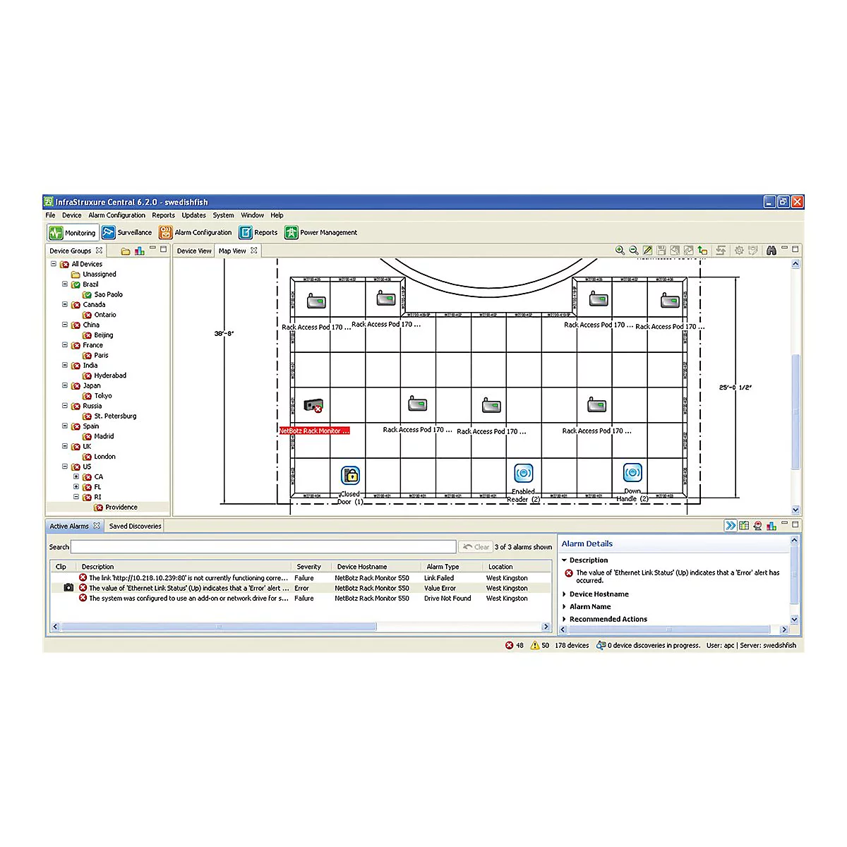 Bildschirmanzeige der Software InfraStruxure Central mit Serverraum-Grundriss und Alarm-Übersicht.