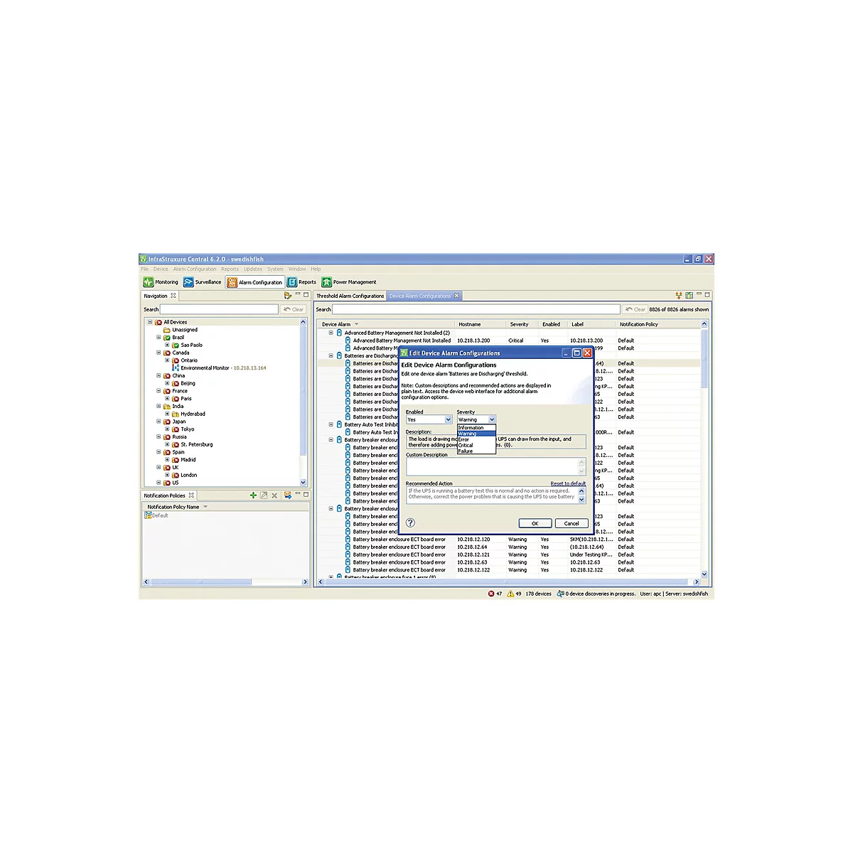 Screenshot der Software InfraStruxure Central mit einem geöffneten Einstellungsfenster für Gerätealarme.