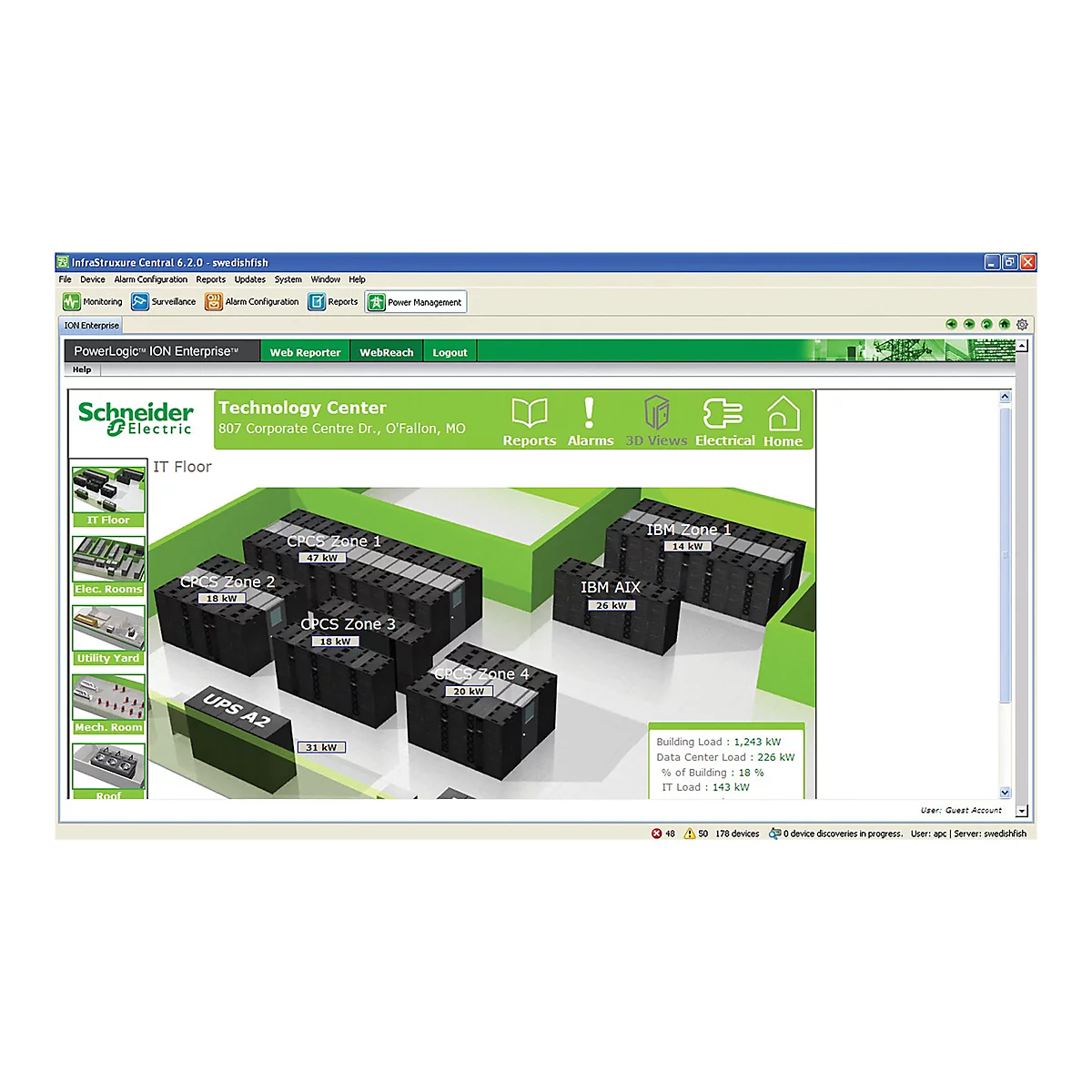 Screenshot der Software InfraStruxure Central mit einer Visualisierung eines Rechenzentrums. Schwarze Server-Racks sind zu sehen, sowie Informationen zur Stromauslastung.