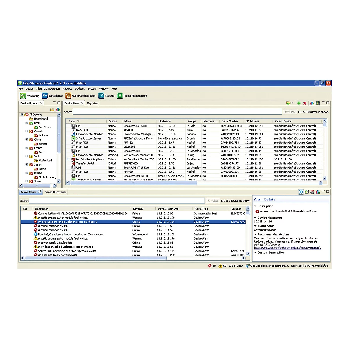 Screenshot einer Softwareoberfläche mit Gerätelisten, Alarme und Fehlermeldungen. Ein rotes X markiert die Meldung: Überlastungsschwellenverletzung auf Phase 1.