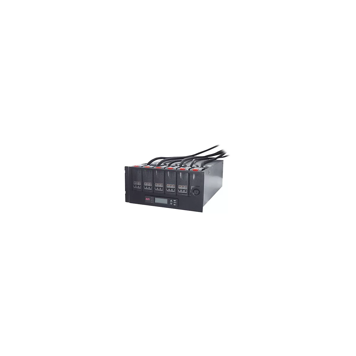 APC USV-Batterieeinheit in schwarzem Rack-Gehäuse mit LCD-Display und mehreren Stromkabeln.