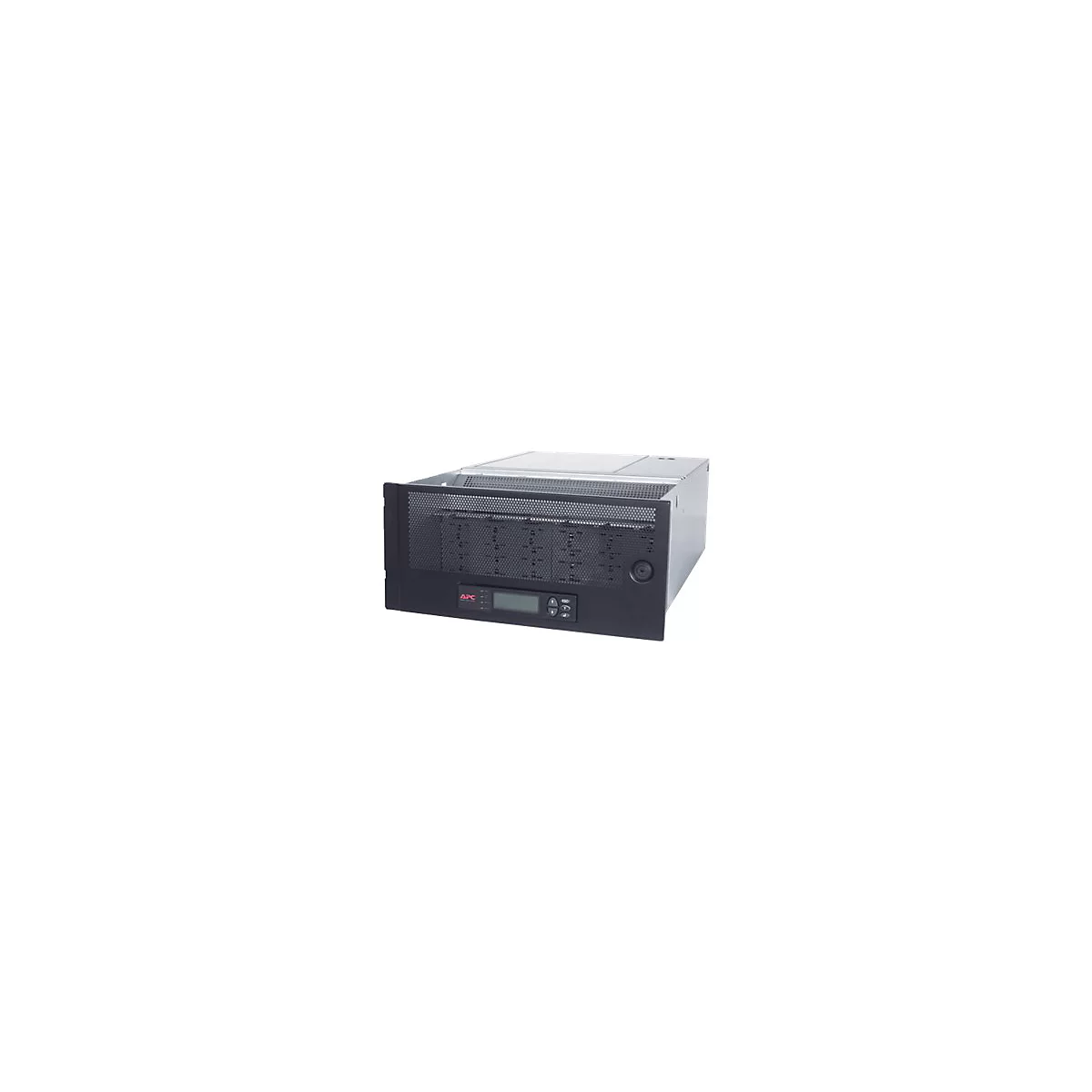Schwarzes APC USV-Rack-Modul mit Lüftungsgitter und LC-Display auf weißem Hintergrund.