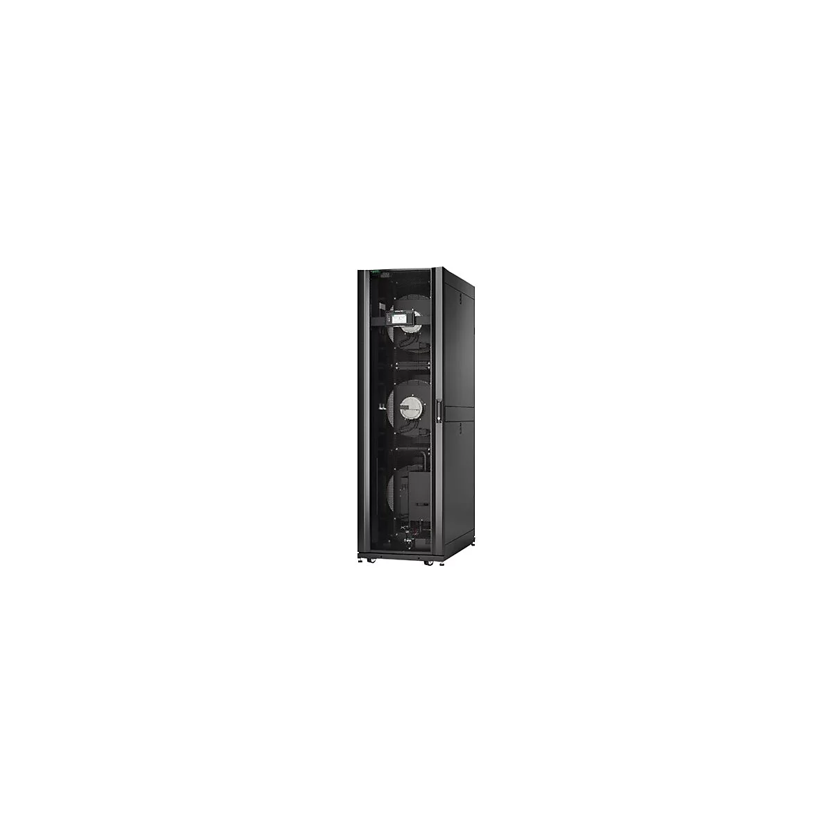 Schwarzer Serverschrank mit Gittertür, drei Lüftern und Rollen. Innenleben gut sichtbar.