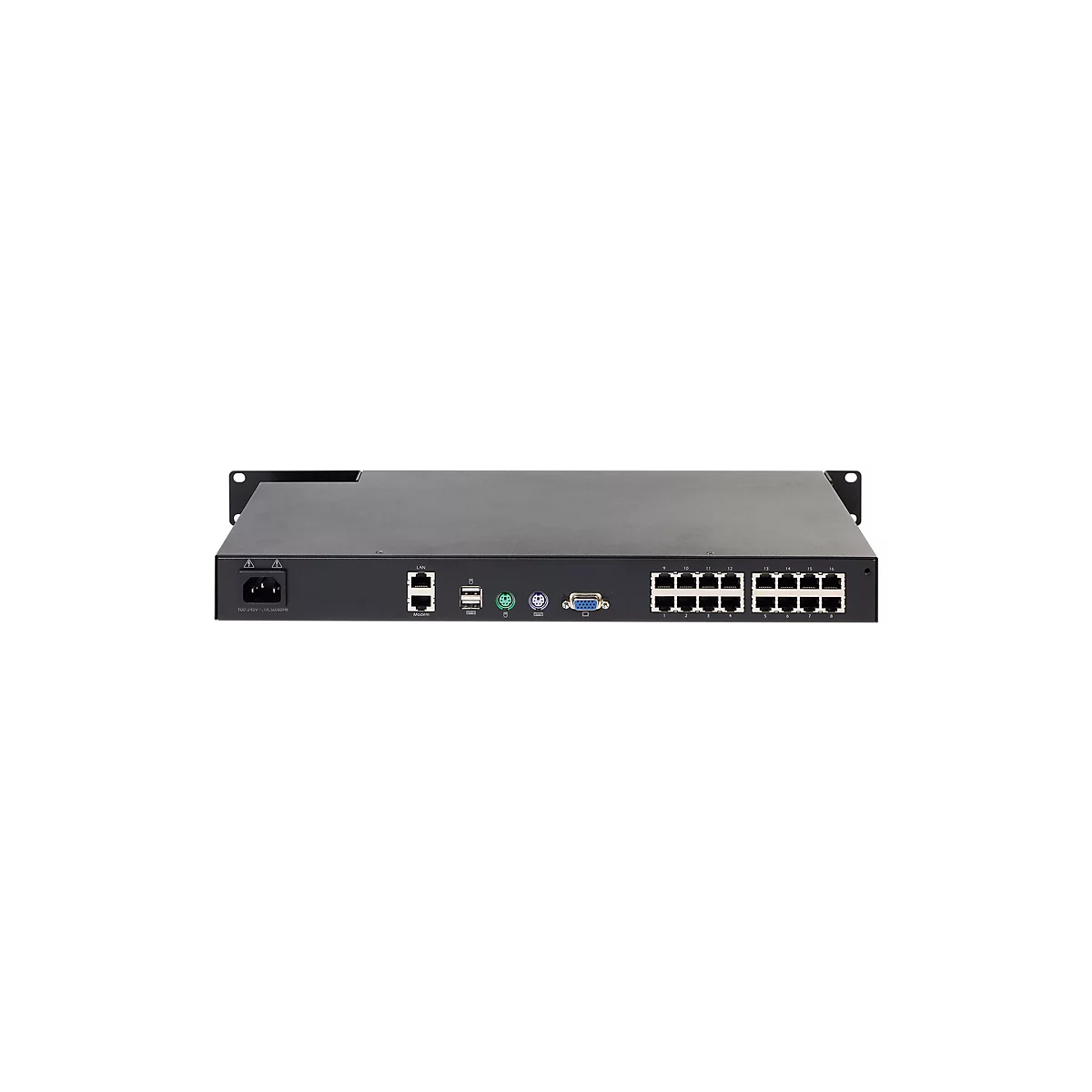 Ein schwarzer Netzwerkswitch auf weißem Hintergrund mit verschiedenen Anschlüssen, einschließlich LAN, Modem und Stromanschluss. Die Beschriftung zeigt „100-240V-1A,50/60Hz“.