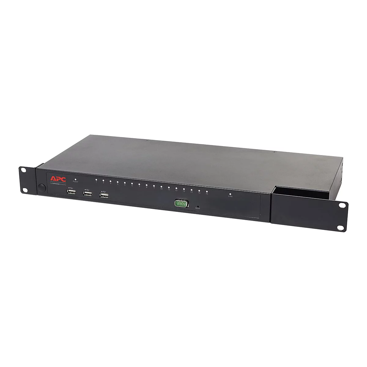Ein schwarzer Serverschrank von APC. Auf der Vorderseite befinden sich USB-Anschlüsse und das APC-Logo.