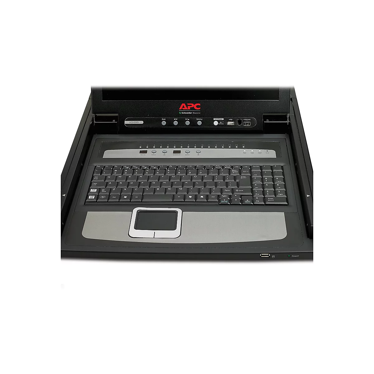 Schwarzes APC-KVM-Konsolenmodul mit integrierter Tastatur, Touchpad und LCD-Bildschirm. Logo von Schneider Electric.