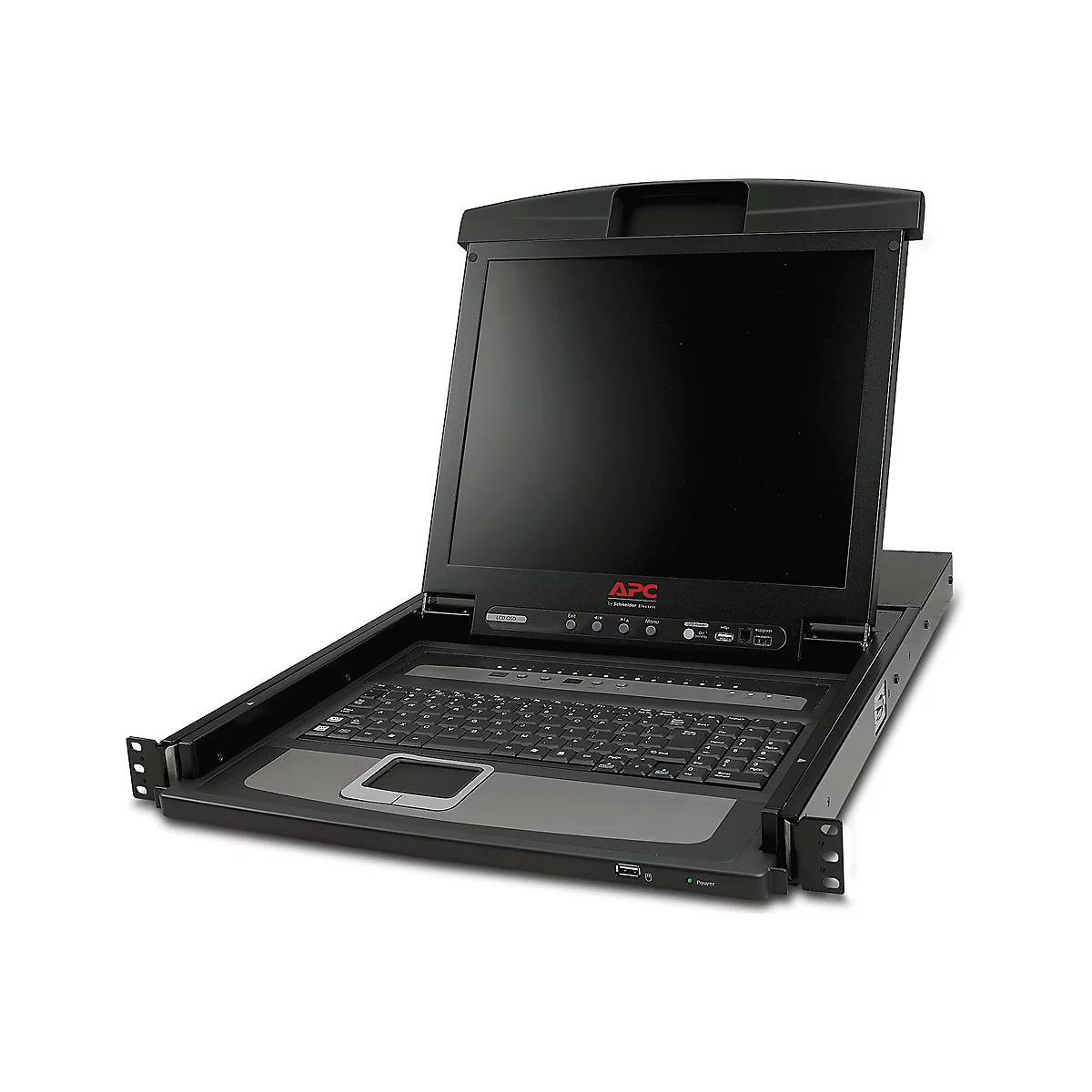 Schwarzer APC KVM-Rack-Monitor mit Tastatur, Touchpad und Display. APC-Logo.