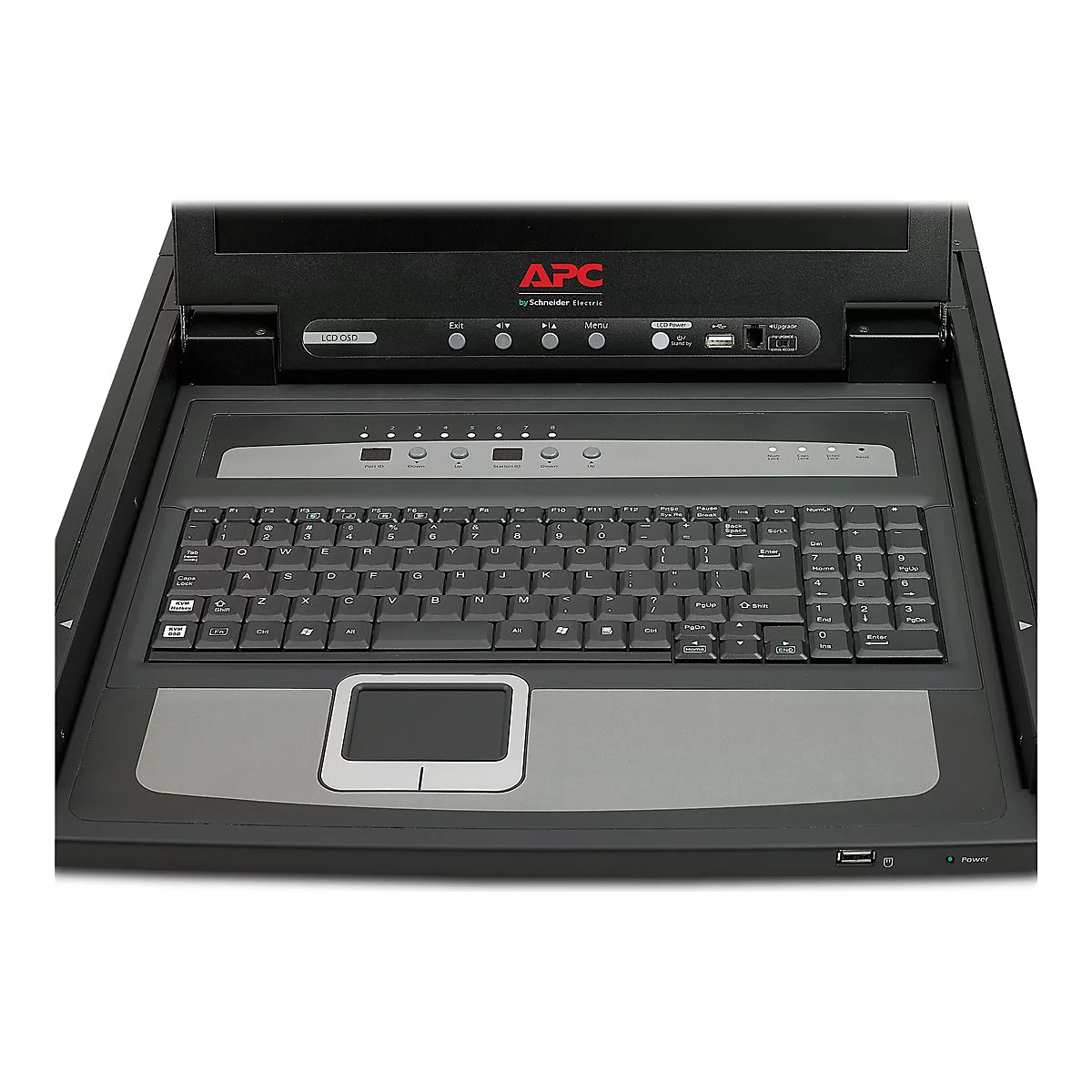 APC Rack-Konsole mit schwarzer Tastatur, Touchpad und Bedienfeld unter dem Monitor.