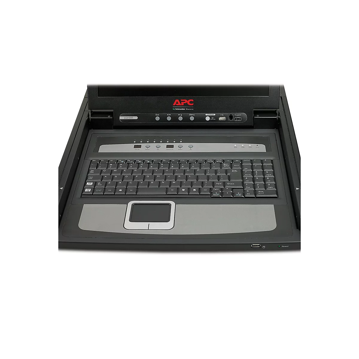 Ein schwarzes APC-Keyboard mit eingebautem Touchpad. Oben Logo und Funktionsknöpfe, darunter Tastatur und Touchpad.