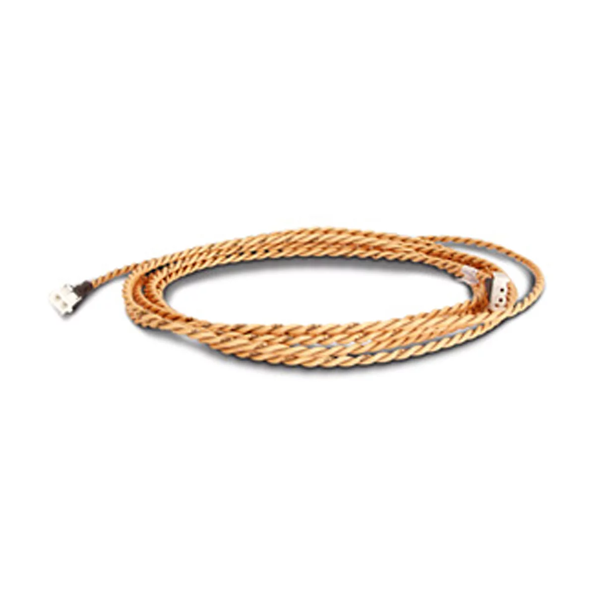 Geflochtenes Kabel, das in sich verdreht ist, mit weißen Anschlüssen an beiden Enden.